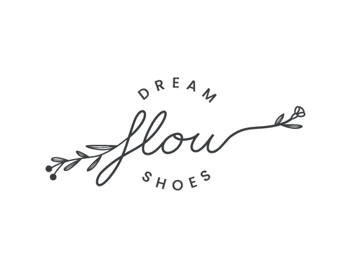 Logo for 'Dream Flow Shoes' with decorative elements on a white background